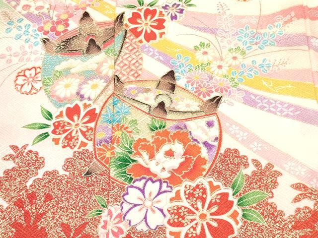 平和屋着物[]七五三　女の子　３歳　祝着　三つ身　糸車飛鶴花文　暈し染め　金彩　逸品　DABE7075ma