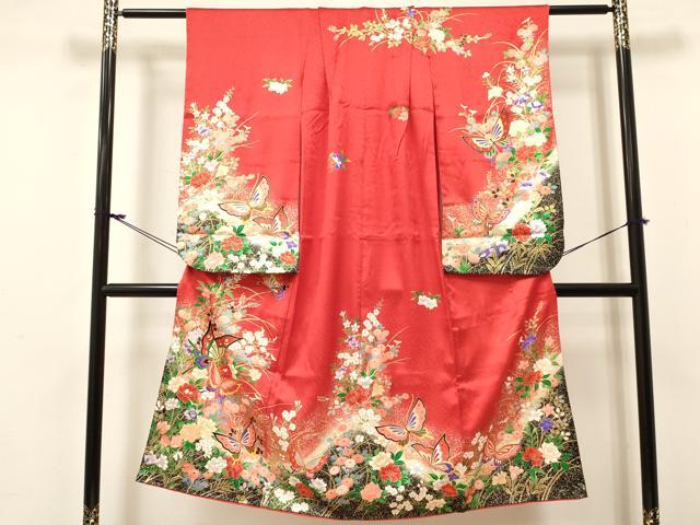 平和屋着物[]七五三　女の子　７歳　祝着　四つ身　花蝶文　暈し染め　金彩　逸品　DABE7076ma