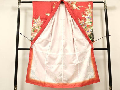 平和屋着物[]七五三　女の子　７歳　祝着　四つ身　花蝶文　暈し染め　金彩　逸品　DABE7076ma