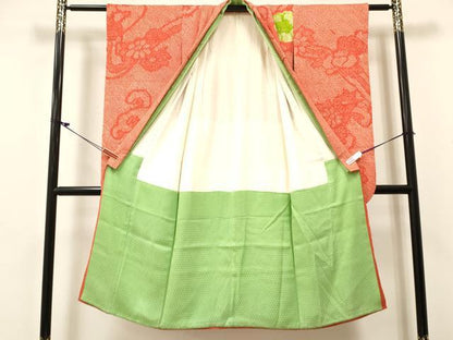 平和屋着物[]七五三　女の子　７歳　祝着　四つ身　総絞り　草花文　逸品　DABE7082ma
