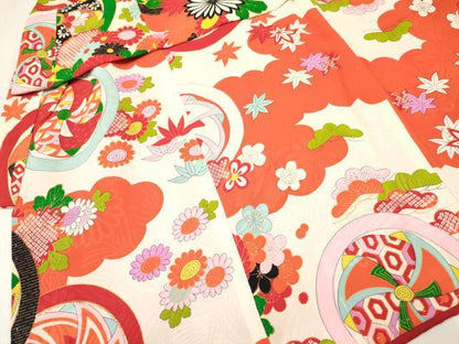 平和屋着物[]七五三　女の子　３歳　祝着　三つ身　花丸文　金彩　逸品　DABE7085ma