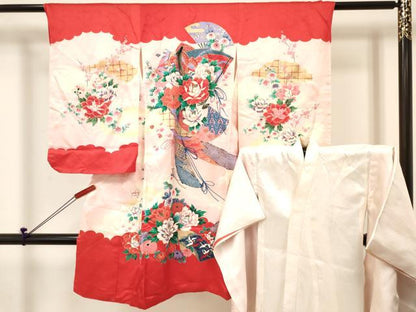 平和屋着物[]七五三　女の子　３歳　祝着　三つ身　長襦袢(袷)セット　女人扇面花文　金彩　逸品　DABE7087ma