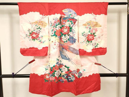 平和屋着物[]七五三　女の子　３歳　祝着　三つ身　長襦袢(袷)セット　女人扇面花文　金彩　逸品　DABE7087ma
