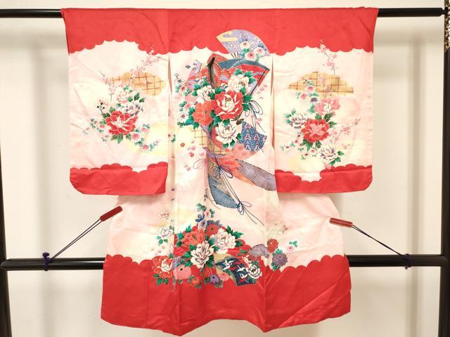 平和屋着物[]七五三　女の子　３歳　祝着　三つ身　長襦袢(袷)セット　女人扇面花文　金彩　逸品　DABE7087ma