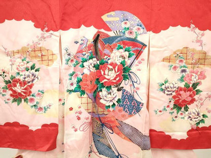 平和屋着物[]七五三　女の子　３歳　祝着　三つ身　長襦袢(袷)セット　女人扇面花文　金彩　逸品　DABE7087ma