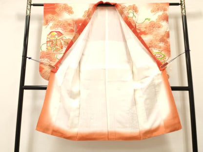 平和屋着物[]七五三　女の子　７歳　祝着　四つ身　長襦袢(無双仕立て)セット　駒刺繍　器物花文　暈し染め　金彩　逸品　DABE7088ma