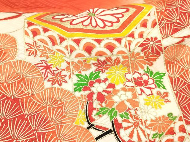 平和屋着物[]七五三　女の子　７歳　祝着　四つ身　長襦袢(無双仕立て)セット　駒刺繍　器物花文　暈し染め　金彩　逸品　DABE7088ma