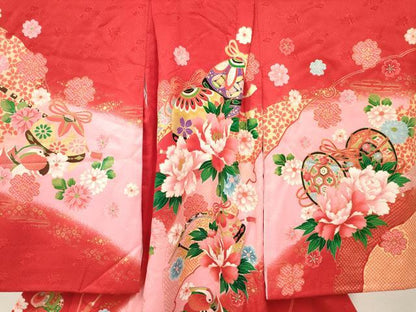 平和屋着物[]七五三　女の子　３歳　祝着　三つ身　襦袢付き　鈴　鴛鴦楽器花文　暈し染め　金彩　逸品　DABE7089ma