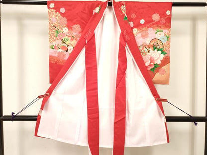 平和屋着物[]七五三　女の子　３歳　祝着　三つ身　襦袢付き　鈴　鴛鴦楽器花文　暈し染め　金彩　逸品　DABE7089ma