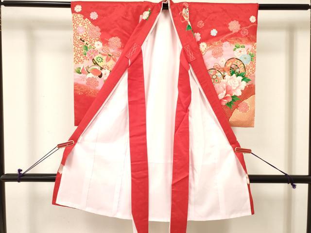 平和屋着物[]七五三　女の子　３歳　祝着　三つ身　襦袢付き　鈴　鴛鴦楽器花文　暈し染め　金彩　逸品　DABE7089ma