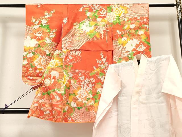 平和屋着物[]七五三　女の子　３歳　祝着　三つ身　長襦袢(無双仕立て)セット　駒刺繍　牡丹花文　金彩　逸品　DABE7091ma