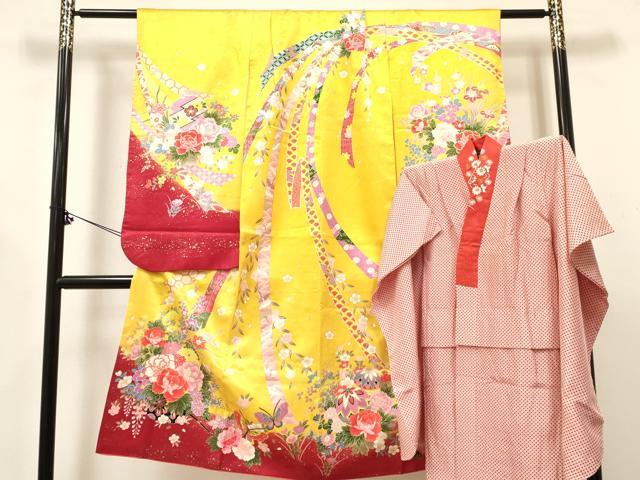 平和屋着物[]七五三　女の子　７歳　祝着　四つ身　襦袢(袷・半衿刺繍)セット　舞蝶花車文　金彩　逸品　DABE7092ma