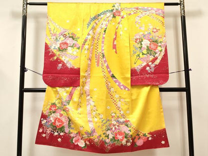 平和屋着物[]七五三　女の子　７歳　祝着　四つ身　襦袢(袷・半衿刺繍)セット　舞蝶花車文　金彩　逸品　DABE7092ma