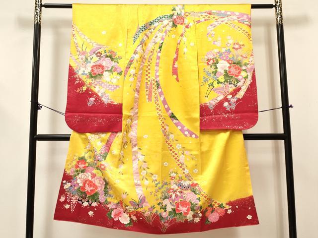 平和屋着物[]七五三　女の子　７歳　祝着　四つ身　襦袢(袷・半衿刺繍)セット　舞蝶花車文　金彩　逸品　DABE7092ma
