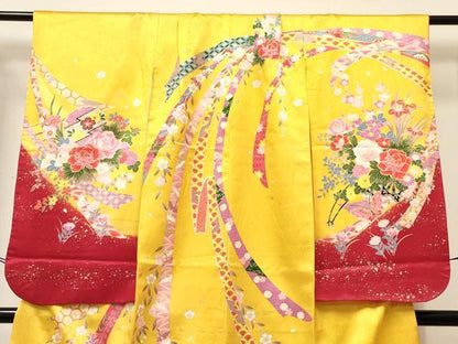 平和屋着物[]七五三　女の子　７歳　祝着　四つ身　襦袢(袷・半衿刺繍)セット　舞蝶花車文　金彩　逸品　DABE7092ma