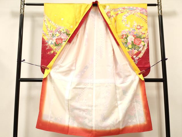 平和屋着物[]七五三　女の子　７歳　祝着　四つ身　襦袢(袷・半衿刺繍)セット　舞蝶花車文　金彩　逸品　DABE7092ma