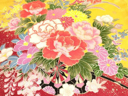 平和屋着物[]七五三　女の子　７歳　祝着　四つ身　襦袢(袷・半衿刺繍)セット　舞蝶花車文　金彩　逸品　DABE7092ma