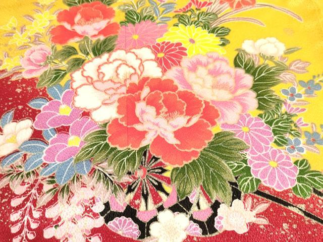 平和屋着物[]七五三　女の子　７歳　祝着　四つ身　襦袢(袷・半衿刺繍)セット　舞蝶花車文　金彩　逸品　DABE7092ma