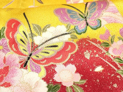 平和屋着物[]七五三　女の子　７歳　祝着　四つ身　襦袢(袷・半衿刺繍)セット　舞蝶花車文　金彩　逸品　DABE7092ma