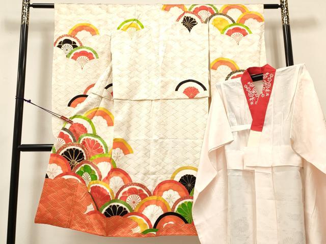 平和屋着物[]七五三　女の子　７歳　祝着　四つ身　長襦袢(無双仕立て・半衿刺繍)セット　駒刺繍　花青海波　金彩　逸品　DABE7093ma