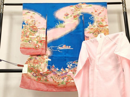 平和屋着物[]七五三 女の子 ３歳 祝着 三つ身 長襦袢(単衣)セット 几帳花松文 暈し染め 金彩 逸品 DABE7094ma