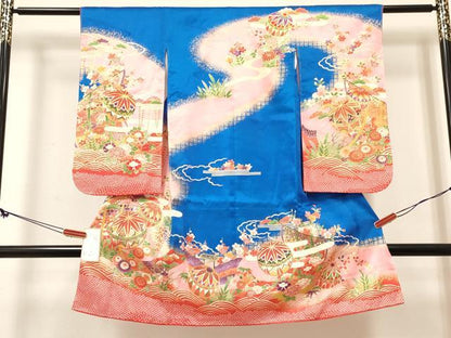 平和屋着物[]七五三　女の子　３歳　祝着　三つ身　長襦袢(単衣)セット　几帳花松文　暈し染め　金彩　逸品　DABE7094ma