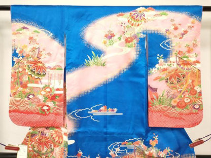 平和屋着物[]七五三　女の子　３歳　祝着　三つ身　長襦袢(単衣)セット　几帳花松文　暈し染め　金彩　逸品　DABE7094ma