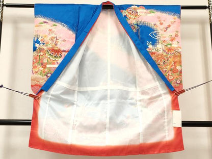 平和屋着物[]七五三　女の子　３歳　祝着　三つ身　長襦袢(単衣)セット　几帳花松文　暈し染め　金彩　逸品　DABE7094ma