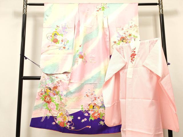 平和屋着物[]七五三 女の子 ７歳 祝着 四つ身 襦袢(無双仕立て・半衿刺繍)セット 駒刺繍 鼓牡丹花文 暈し染め 金彩 逸品 DABE7095ma