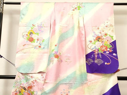 平和屋着物[]七五三　女の子　７歳　祝着　四つ身　襦袢(無双仕立て・半衿刺繍)セット　駒刺繍 鼓牡丹花文 暈し染め 金彩 逸品　DABE7095ma
