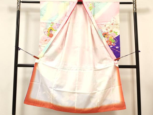 平和屋着物[]七五三　女の子　７歳　祝着　四つ身　襦袢(無双仕立て・半衿刺繍)セット　駒刺繍 鼓牡丹花文 暈し染め 金彩 逸品　DABE7095ma