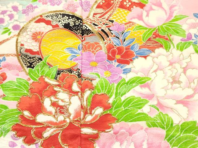 平和屋着物[]七五三　女の子　７歳　祝着　四つ身　襦袢(無双仕立て・半衿刺繍)セット　駒刺繍 鼓牡丹花文 暈し染め 金彩 逸品　DABE7095ma