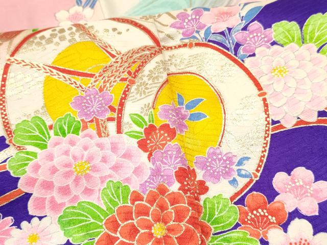 平和屋着物[]七五三　女の子　７歳　祝着　四つ身　襦袢(無双仕立て・半衿刺繍)セット　駒刺繍 鼓牡丹花文 暈し染め 金彩 逸品　DABE7095ma