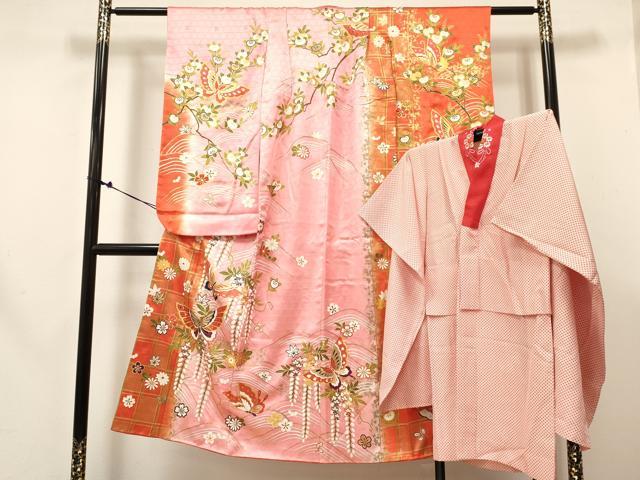 平和屋着物[]七五三　女の子　７歳　祝着　四つ身　襦袢(無双仕立て・半衿刺繍)セット　花蝶文　暈し染め　金彩　逸品　DABE7096ma