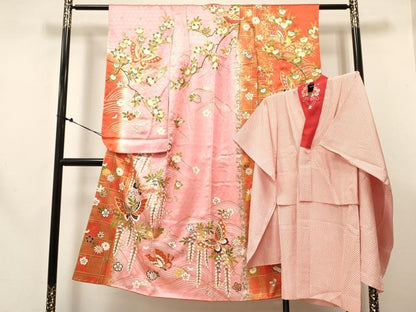 平和屋着物[]七五三 女の子 ７歳 祝着 四つ身 襦袢(無双仕立て・半衿刺繍)セット 花蝶文 暈し染め 金彩 逸品 DABE7096ma