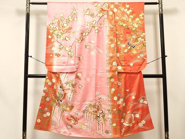 平和屋着物[]七五三　女の子　７歳　祝着　四つ身　襦袢(無双仕立て・半衿刺繍)セット　花蝶文　暈し染め　金彩　逸品　DABE7096ma