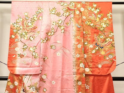 平和屋着物[]七五三　女の子　７歳　祝着　四つ身　襦袢(無双仕立て・半衿刺繍)セット　花蝶文　暈し染め　金彩　逸品　DABE7096ma