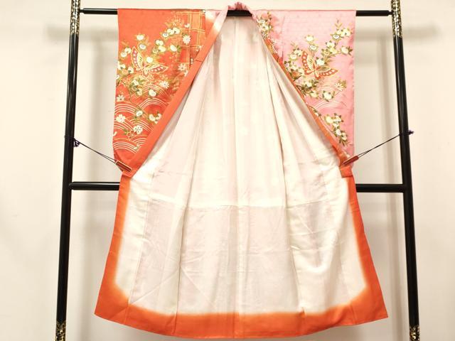 平和屋着物[]七五三　女の子　７歳　祝着　四つ身　襦袢(無双仕立て・半衿刺繍)セット　花蝶文　暈し染め　金彩　逸品　DABE7096ma
