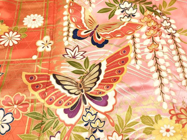 平和屋着物[]七五三　女の子　７歳　祝着　四つ身　襦袢(無双仕立て・半衿刺繍)セット　花蝶文　暈し染め　金彩　逸品　DABE7096ma