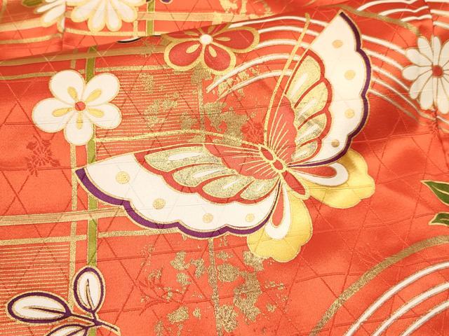 平和屋着物[]七五三　女の子　７歳　祝着　四つ身　襦袢(無双仕立て・半衿刺繍)セット　花蝶文　暈し染め　金彩　逸品　DABE7096ma