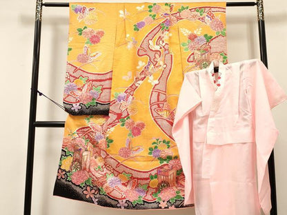 平和屋着物[]七五三 女の子 ７歳 祝着 四つ身 襦袢(単衣・半衿刺繍)セット 御所車花蝶文 金彩 逸品 DABE7098ma