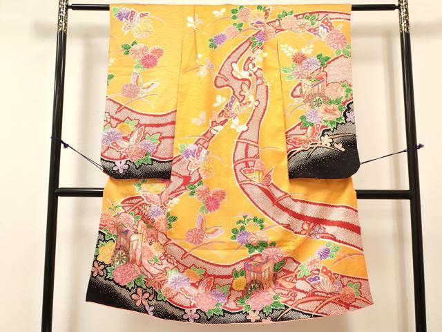 平和屋着物[]七五三　女の子　７歳　祝着　四つ身　襦袢(単衣・半衿刺繍)セット　御所車花蝶文　金彩　逸品　DABE7098ma