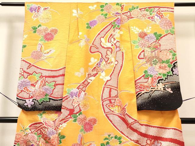 平和屋着物[]七五三　女の子　７歳　祝着　四つ身　襦袢(単衣・半衿刺繍)セット　御所車花蝶文　金彩　逸品　DABE7098ma