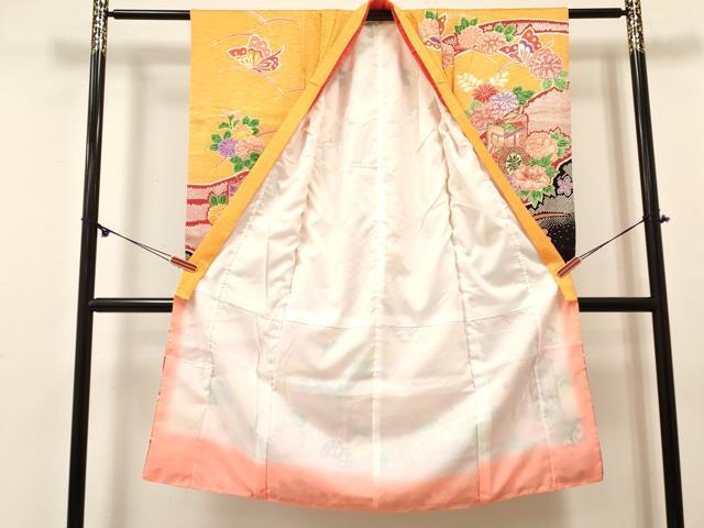 平和屋着物[]七五三　女の子　７歳　祝着　四つ身　襦袢(単衣・半衿刺繍)セット　御所車花蝶文　金彩　逸品　DABE7098ma