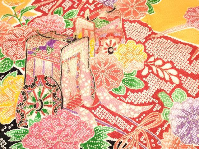 平和屋着物[]七五三　女の子　７歳　祝着　四つ身　襦袢(単衣・半衿刺繍)セット　御所車花蝶文　金彩　逸品　DABE7098ma