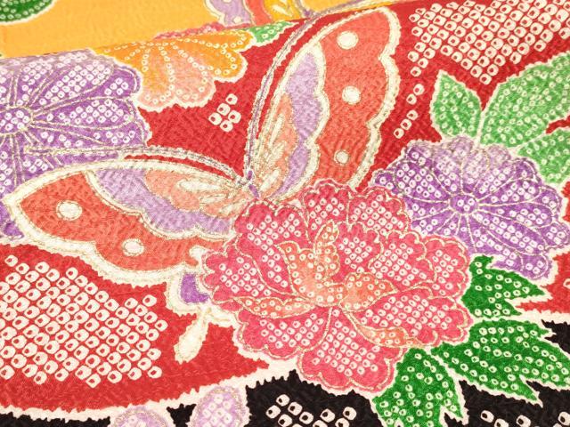 平和屋着物[]七五三　女の子　７歳　祝着　四つ身　襦袢(単衣・半衿刺繍)セット　御所車花蝶文　金彩　逸品　DABE7098ma