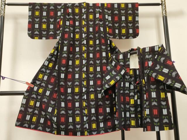 平和屋着物[]久留米絣　女の子　７歳　四つ身　着物・羽織(単衣)セット　洋花文　綿　逸品　DABE7099ma