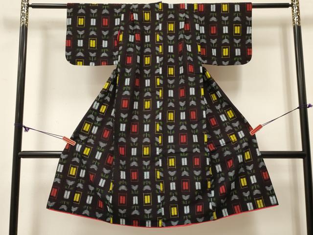 平和屋着物[]久留米絣　女の子　７歳　四つ身　着物・羽織(単衣)セット　洋花文　綿　逸品　DABE7099ma