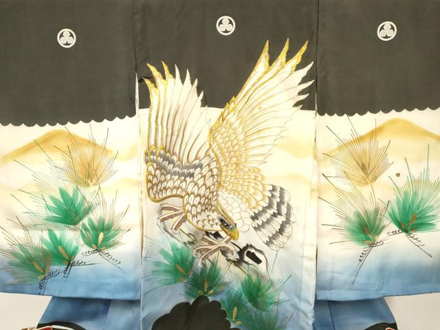 平和屋着物[]お宮参り　男の子　祝着　産着　初着　のしめ　刺繍　鷹　鷲　松文　暈し染め　金彩　逸品　DABE7102ma