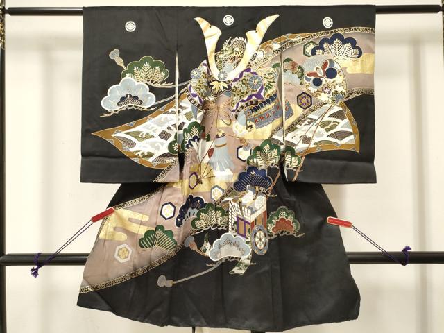平和屋着物[]お宮参り　男の子　祝着　産着　初着　のしめ　龍　兜　御所車松文　暈し染め　金銀彩　逸品　DABE7103ma